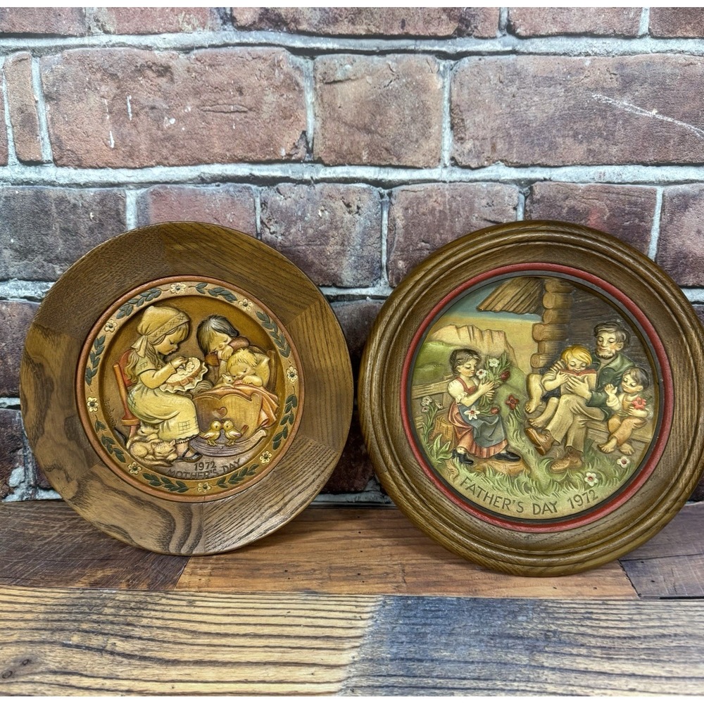 Vtg Set ANRI‎ 1972 Mother's Father's Day Wood Carved Wall Decor Ferrandiz Art